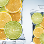 IV bags with sliced oranges, limes, lemons in it to represent nutrient IV