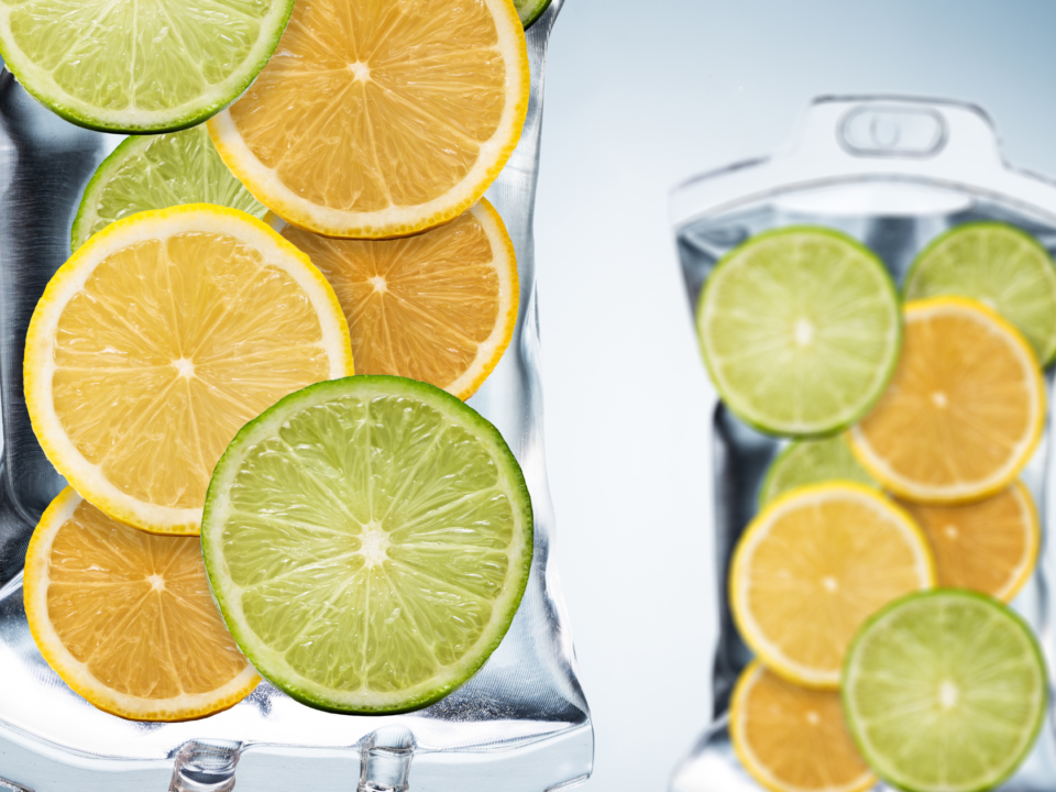 IV bags with sliced oranges, limes, lemons in it to represent nutrient IV